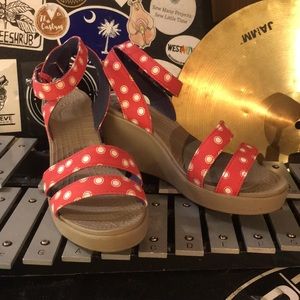 Crocs red polka dot wedge sandals